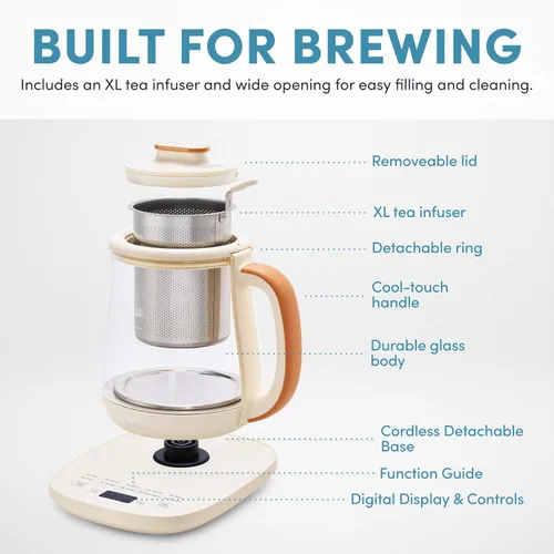 Miniatura 4 de AROMA® Hervidor de té eléctrico de vidrio de infusión profesional con control de temperatura y 10 modos preestablecidos (6 tazas, 1.5 litros)