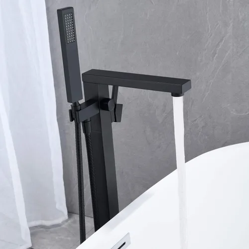 Miniatura 4 de Wowkk Grifo de bañera independiente Llenador de bañera Negro Montaje en el piso Grifos de baño Latón Manija única con ducha de mano