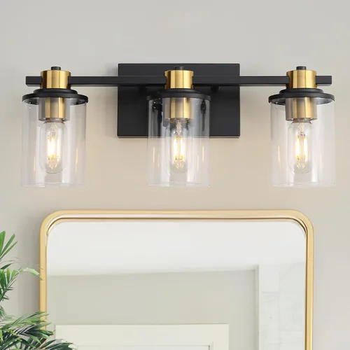 Miniatura 2 de LOUSACE Lámpara de baño negra y dorada, 3 luces de tocador de baño, moderna luz de baño sobre espejo con pantallas de vidrio transparente, enchufe