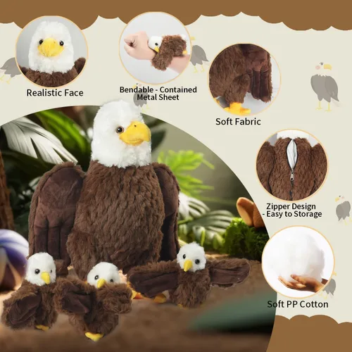 Miniatura 9 de 4 Piezas de Animales de Peluche de Águila Calva a Granel Grande Mamá Águila de Peluche con 3 Lindos Bebés Juguetes de Peluche de Águila Peluches