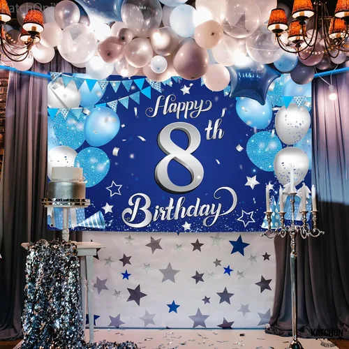 Miniatura 6 de KatchOn, Cartel extragrande de feliz cumpleaños número 8 plateado y azul, 72 x 44 pulgadas, telón de fondo de octavo para decoraciones de feliz