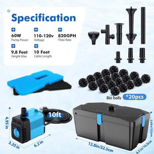 Miniatura 7 de Kit de filtro de estanque con bomba de fuente, kit de bomba y filtro de estanque de 60W con bomba de agua sumergible de flujo ajustable 60W 820gph