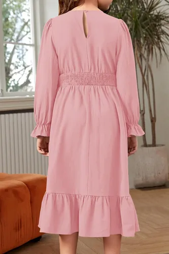 Miniatura 4 de HOSIKA Vestido casual de otoño de manga larga con cuello redondo y volantes escalonados y bolsillos para niñas de 6 a 12 años