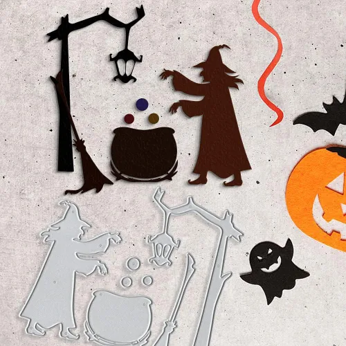 Miniatura 5 de Escoba de bruja troquelada de metal para hacer tarjetas y decoraciones de Halloween, troqueladas de araña, plantillas y plantilla de relieve