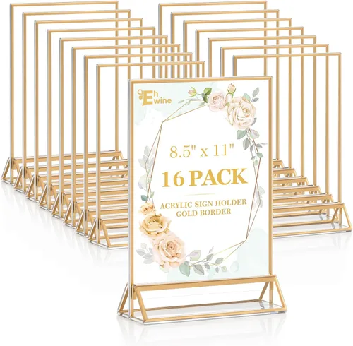 Miniatura 15 de EHWINE Paquete de 12 soportes acrílicos para letreros de 5 x 7 pulgadas, soporte de marco de oro de doble cara, soportes de letreros de mesa