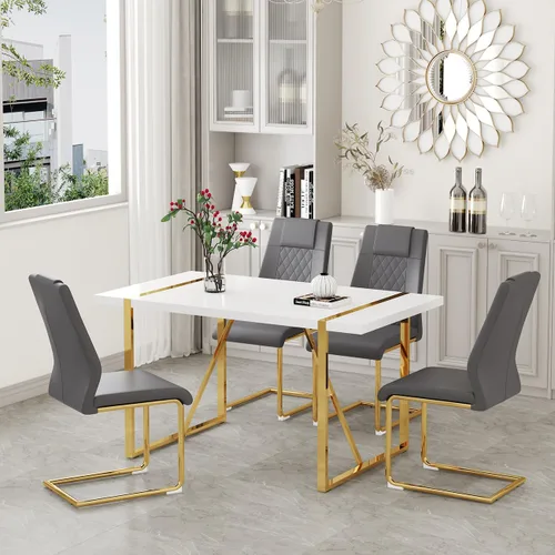 Miniatura 22 de Juego de mesa de comedor moderna de 55 pulgadas para 4, mesa de comedor negra y marco de metal dorado, mesa de comedor rectangular con 4 sillas