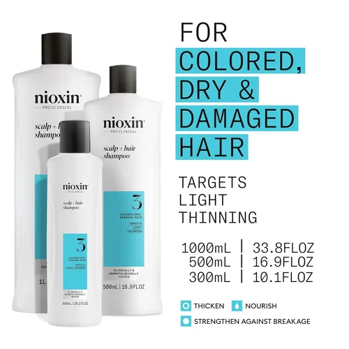 Miniatura 3 de Nioxin System 3 - Champú para el cuero cabelludo + engrosamiento del cabello, para cabello teñido, seco y dañado con ligero adelgazamiento, mantiene