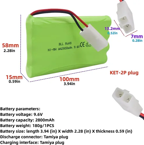Miniatura 2 de AA 9.6V 2800mAh Batería recargable con enchufe Tamiya y cable de carga USB adecuado para coches de juguete RC, camiones, tanques, vehículos