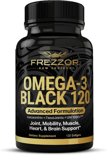 FREZZOR Omega 3 Black - Cápsulas de aceite de mejillón con labios verdes, fabricadas en Nueva Zelanda, UAF1000+, sin regusto a pescado, 120 unidades