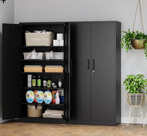 Miniatura 7 de MIIIKO Armario de almacenamiento de metal con puertas con cerradura, Negro, para garaje, 5 estantes, casillero de 45 cm de profundidad para garaje