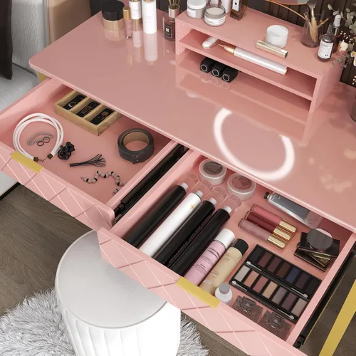 Miniatura 4 de WESTREE Mesa de Tocador con 2 Cajones y Estante de Almacenamiento, Mesa de Maquillaje Moderna con Escritorio Brillante, Escritorio de Marco Dorado