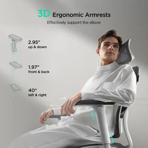 Miniatura 4 de Hbada E2 Silla de oficina ergonómica, silla de oficina de malla grande y alta con soporte lumbar dinámico de 6 vías, reposabrazos ajustables 3D