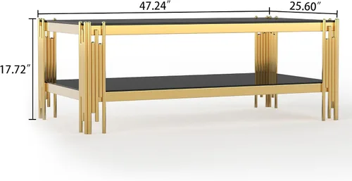 Miniatura 2 de Mesa auxiliar rectangular de vidrio de 48 pulgadas, mesa de centro de 2 niveles con parte superior de vidrio templado negro, patas de acero