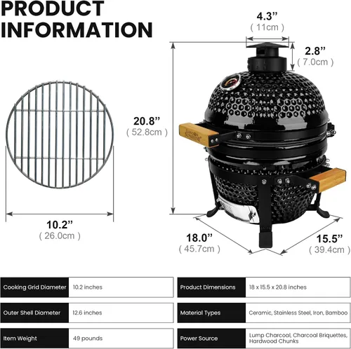 Miniatura 3 de Parrilla Kamado de cerámica mejorada de 13 pulgadas con tapa de ventilación de aire impermeable, ahumador portátil de carbón de mesa para cocinar al