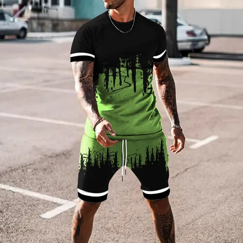 Miniatura 2 de Men's Tshirt and Short Set 2 Piece Outfits Fashion Summer Tracksuits Gradient Print Jogger Tee and Shorts Sport Sets