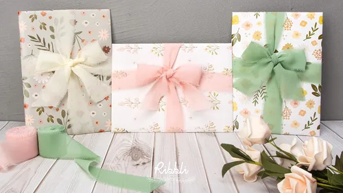 Miniatura 6 de Ribbli - Cinta de gasa de 1.5 pulgadas x 30 yardas de seda hecha a mano, color marfil/rosa suave/verde salvia con flecos, para invitaciones de boda