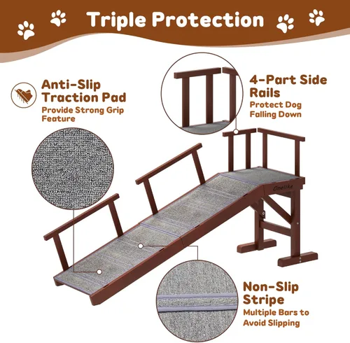 Miniatura 6 de Onelike Rampa de madera para perros con riel lateral extraíble y alfombra antideslizante, escalera estable para mascotas para sofá para perros