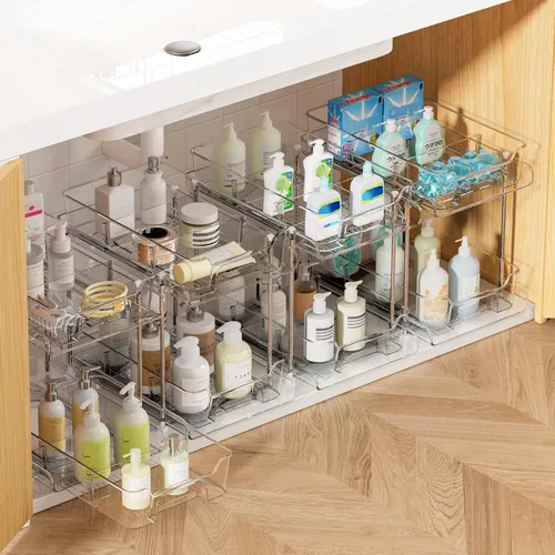 Vtopmart - Paquete de 4 organizadores y almacenamiento de 2 niveles para baño debajo del fregadero, transparente, para despensa de cocina,
