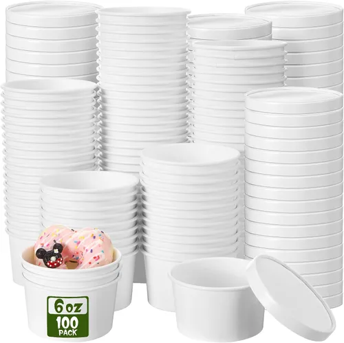 Miniatura 25 de Fulmoon Paquete de 100 recipientes de papel para sopa con tapas, recipientes de papel desechables para alimentos con tapa ventilada, tazas de postre