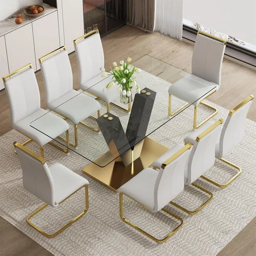 Miniatura 27 de Juego de mesa de comedor de vidrio de 71 pulgadas para 6, juego de mesa de comedor para 6, mesa de cocina moderna y 6 sillas de PU, parte superior 6