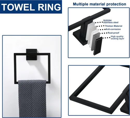 Miniatura 3 de Juego de 5 piezas de accesorios de ferretería para baño en negro mate, juego de toalleros cuadrados de 16 pulgadas para baño, juego de barras