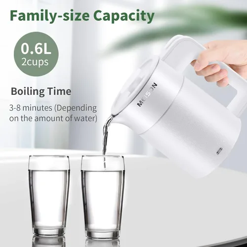 Miniatura 5 de 0.6L Hervidor Eléctrico Pequeño de Acero Inoxidable, Calentador Portátil de Agua Caliente Mini para Viajes, Tetera de Doble Pared de Tacto Frío
