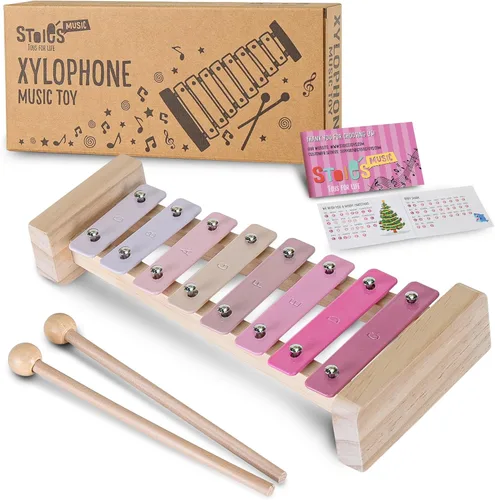 Miniatura 12 de Stoie's Xilófono de madera para niños y bebés, diseño curvo, 8 notas de color arcoíris, xilófono afinado en clave de Do con baquetas, libro
