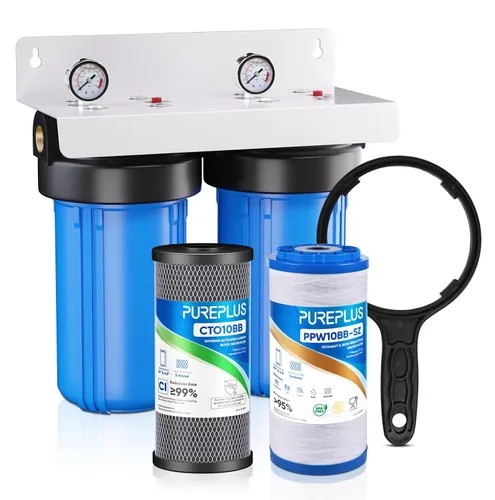 PUREPLUS Sistema de filtración de agua de 2 etapas para toda la casa, filtración universal para el hogar de 10", con reducción de sedimentos y
