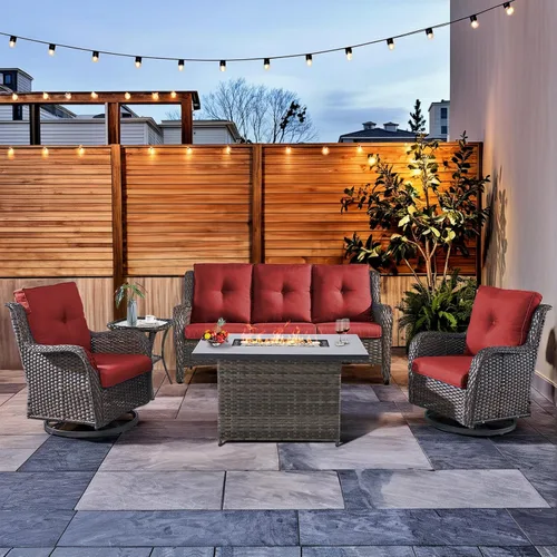 Miniatura 93 de HUMMUH Sillas Mecedoras Giratorias de Mimbre para Patio Exterior con Respaldo Alto, Sillas Deslizantes de Ratán PE, Juego de Muebles de Patio de 4