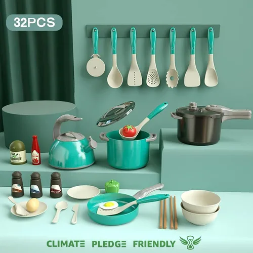 Miniatura 2 de Bruvoalon Juego de 32 juguetes de cocina para niños, accesorios de cocina con ollas, sartenes, utensilios de cocina, alimentos, verduras enlatadas