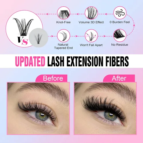 Miniatura 3 de Kit de extensión de pestañas Pawotence DIY 40D 12-18mm, 280 unidades, kit de extensiones de pestañas en racimo con adhesivo y sello, pinzas