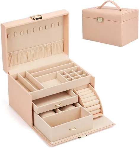 FEISCON Joyero organizador de reloj estuche grande para joyas gafas de sol caja de almacenamiento de cuero organizador de aretes rosa