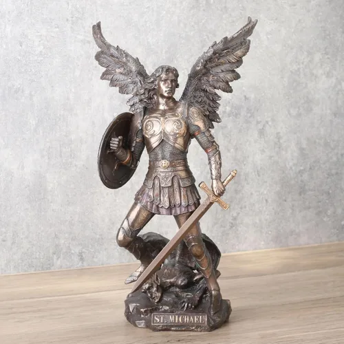 Miniatura 2 de San Miguel de 12.75 pulgadas de pie en el demonio con la estatua de espada y escudo