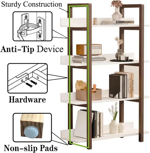 Miniatura 3 de Estantería de madera maciza de 4 niveles, moderna estantería industrial con protección de borde trasero, estantes de almacenamiento independientes