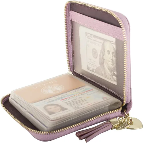 Miniatura 2 de Cartera con tarjetero RFID para tarjetas de crédito, de cuero, con cremallera, para mujer, 40 ranuras para tarjetas, Púrpura, Compacto