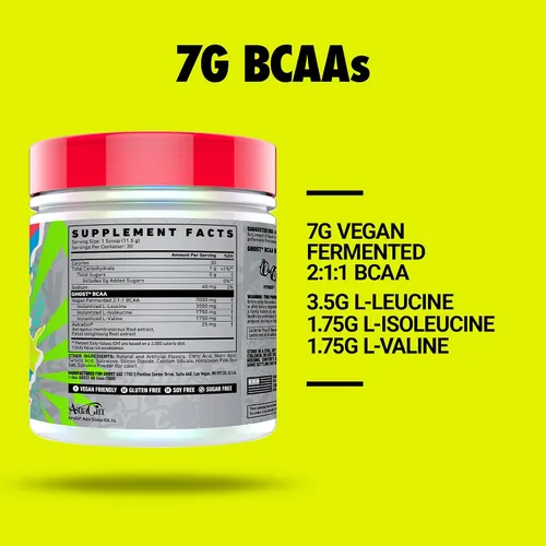 Miniatura 3 de GHOST BCAA - Suplemento de aminoácidos en polvo, frambuesa azul, 30 porciones, sin azúcar, aminopolvo para después del entrenamiento y bebida