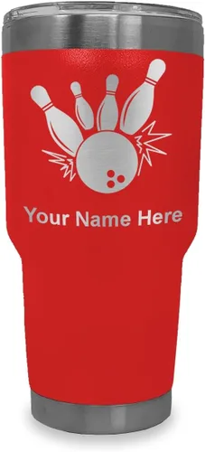 Miniatura 40 de LaserGram Vaso aislado al vacío de 20 onzas, bola de boliche y alfileres, grabado personalizado incluido (negro)