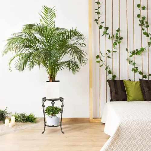 Miniatura 6 de MDLUU Soporte para plantas de 18.8 pulgadas de alto, soporte para plantas en maceta de hierro fundido, soporte de maceta de metal de 2 niveles, Negro