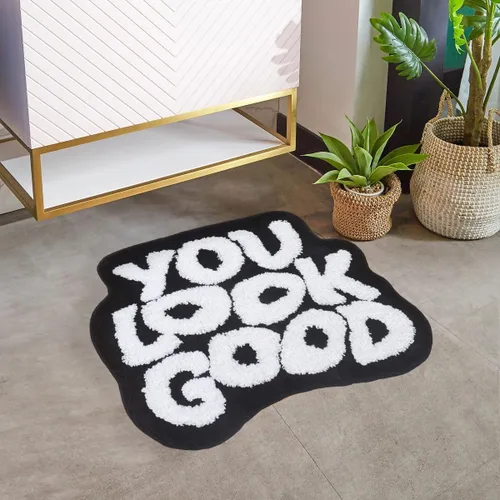 Miniatura 5 de Alfombra de baño negra con texto en inglés "You Look Good", alfombra de baño divertida, bonita, antideslizante, de microfibra, de felpa, pequeña