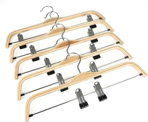 Miniatura 4 de Perchas de madera para pantalones TOPIA HANGER, perchas delgadas de madera natural para faldas con gancho antióxido y clips metálicos ajustables
