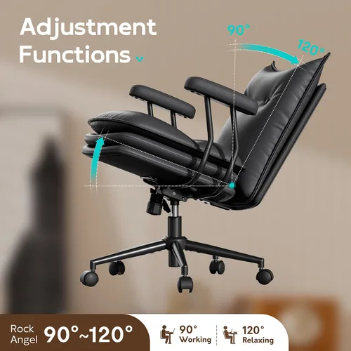 Miniatura 7 de Silla de oficina negra con asiento ancho grueso de triple capa, silla de escritorio de cuero con respaldo medio con ruedas y brazos, silla
