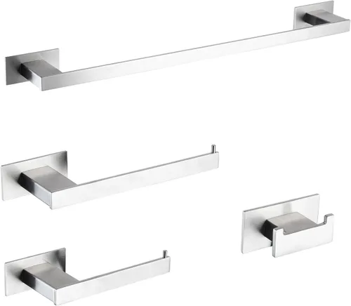 Miniatura 10 de Juego de accesorios de baño de 4 piezas, toallero, toallero, soporte para papel higiénico, ganchos para toallas, ganchos modernos cuadrados de acero