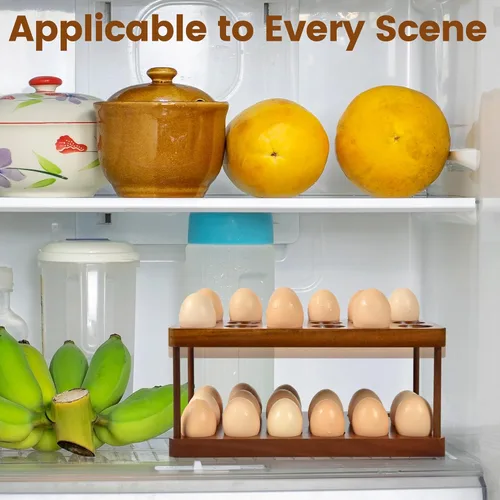 Miniatura 7 de Soporte para huevos de madera de doble capa, organizador de bandejas de huevos de acacia de cocina de granja, cesta de almacenamiento de huevos
