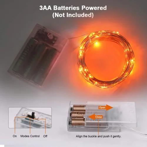 Miniatura 8 de BrizLabs Luces naranjas de Halloween, paquete de 4 luces LED de 19.47 pies, 60 luces LED naranjas, 2 modos de batería, cadena de luces de Halloween