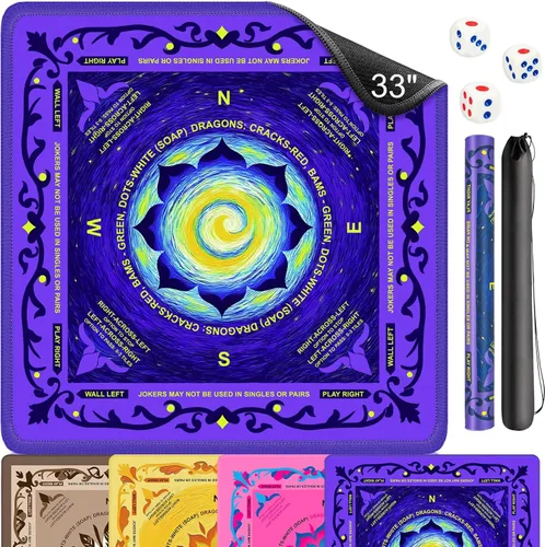 Tapete de Neopreno Mahjong para Mesa, Tapete Mahjong de 33x33 Pulgadas con Reglas, Tapete Mah Jongg Antideslizante de Reducción de Ruido con Bolsa