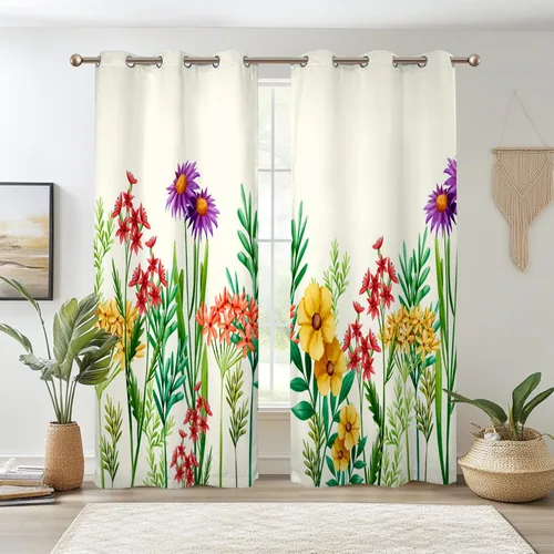 Renaiss Cortinas opacas con estampado de flores botánicas, hojas y flores, para dormitorio, ojales en la parte superior, cortinas de ventana de Verde