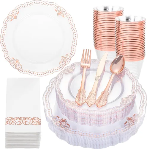 Miniatura 13 de Ciaell 350 platos de plástico rosa, platos desechables de color rosa y dorado, incluyen 50 platos desechables, 150 cubiertos resistentes, 50 tazas