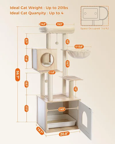 Miniatura 3 de Árbol alto para gatos con recinto para caja de arena de 56.7" Torre de madera para gatos para gatos grandes con hamaca casa cama para gatos