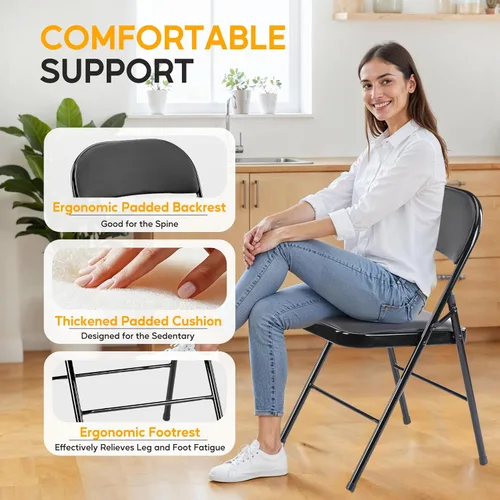 Miniatura 4 de Simple Deluxe Juego de 2 sillas de comedor, cojín de cuero, plegable, moderno, para cocina, con respaldo acolchado y patas de metal, asiento Negro