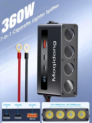 Miniatura 2 de Divisor de encendedor de cigarrillos de 12 V 24 V: cargador de coche USB de 360 W 4 enchufe de encendedor de cigarrillos 3 adaptador de salida